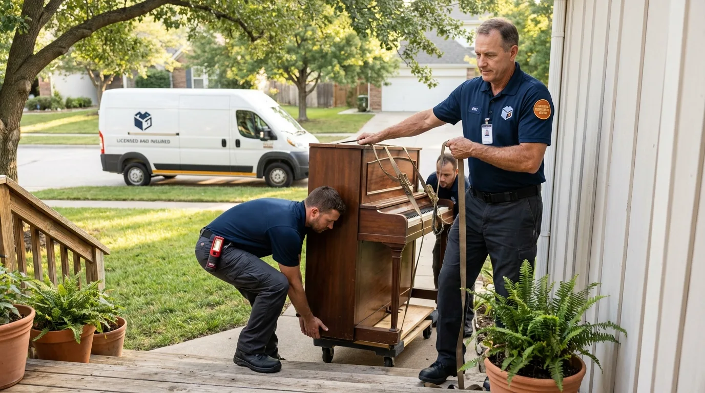 Licensed piano movers securing grand piano in McPherson, KS