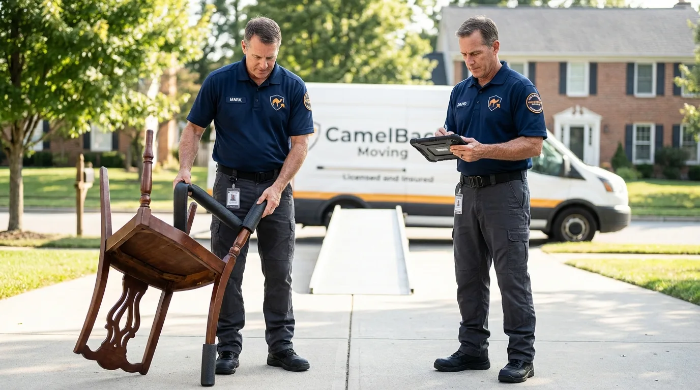 Movers inspecting furniture for damage prevention before loading in McPherson, KS