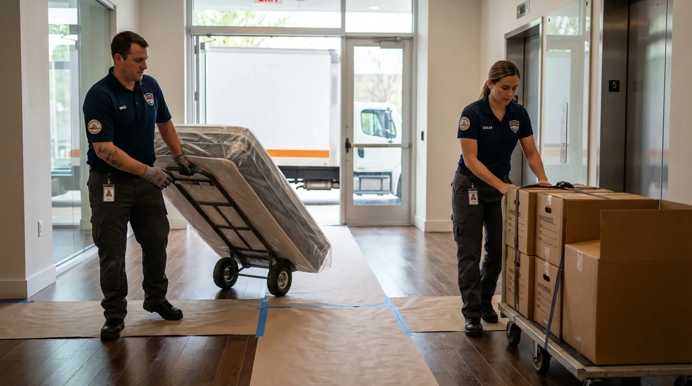 Professional apartment movers loading elevator in McPherson, KS