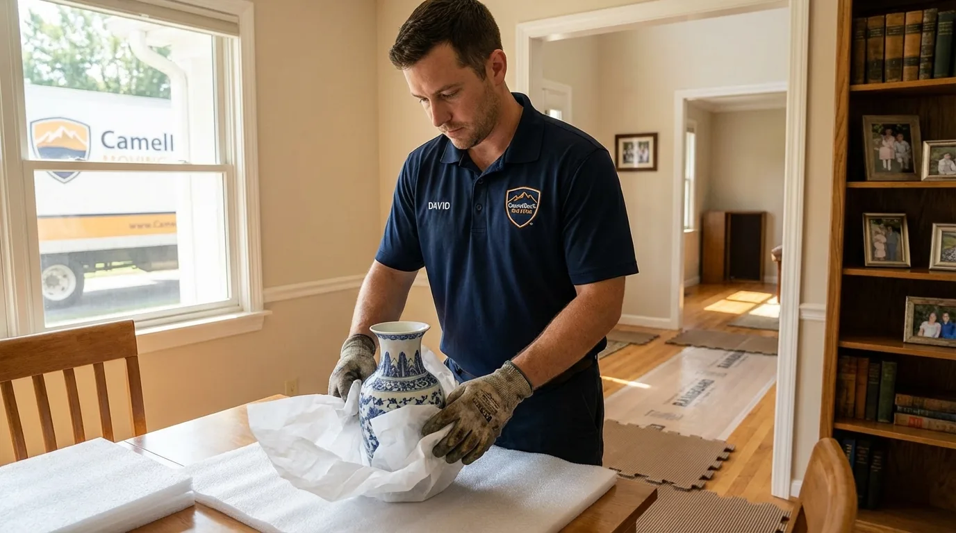 Professional crew carefully wrapping antique vase for senior downsizing move in McPherson, KS